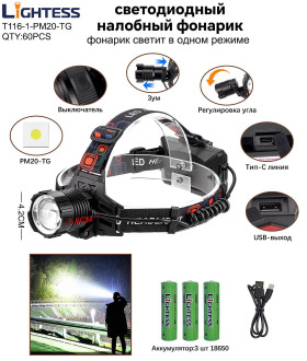 Фонарь налобный светодиодный Lightess T116-1-PM20-TG