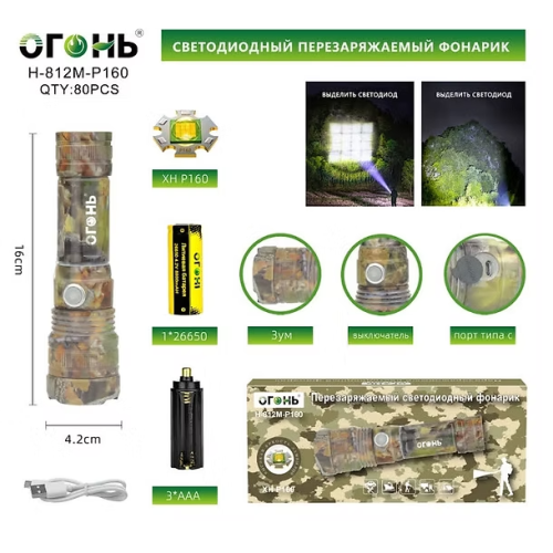 Фонарь ручной Огонь H-812M-P160 песочный