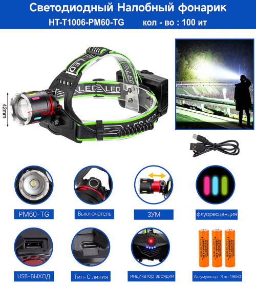 Фонарь налобный HT-T1006-PM60-TG светодиодный